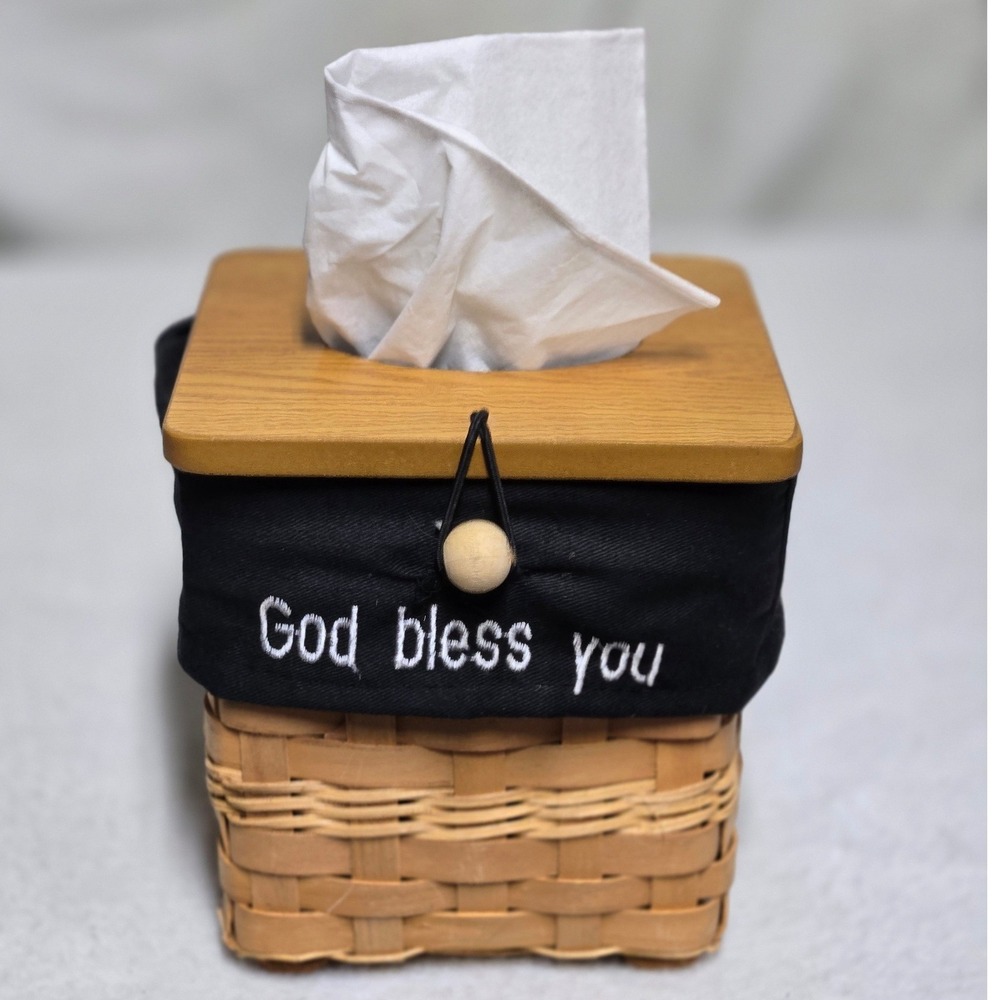 God Bless You Woven Wicker Tissue Box Cover Black Embroidered Liner Wood Lid